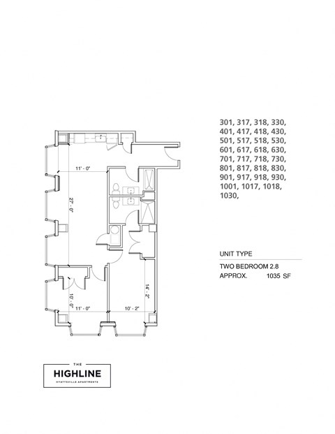 Floor plan for 2 beds, 2 baths, 1065 sqft